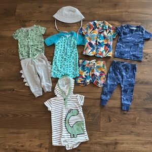 Bundle of summer baby boy sets, swim, hat and pajamas, size 12 months